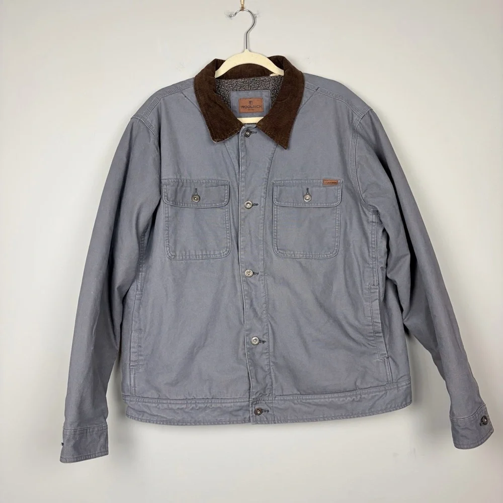 Woolrich‎ Sherpa Lined Canvas Jacket Mens XL Gray Corduroy Collar Chore Coat